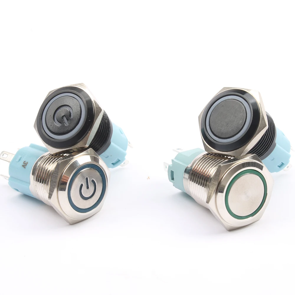 16mm Metal Annular Push Button Switch Ring Power LED 6V 12V 220V Self-lock Momentary Latching Waterproof for Car Auto Engine