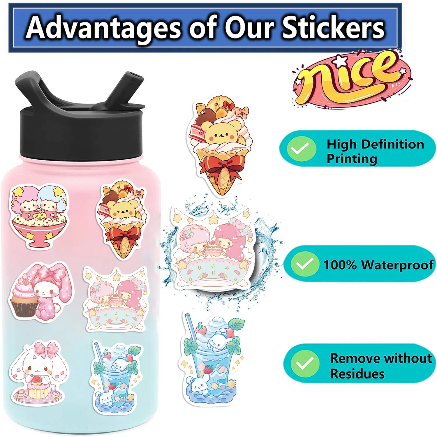 50Pcs Kawaii Candy Ice Cream Food Cartoon Stickers DIY Bike Skateboard Fridge Guitar Laptop Luggage Funny Kid Sticker Gift