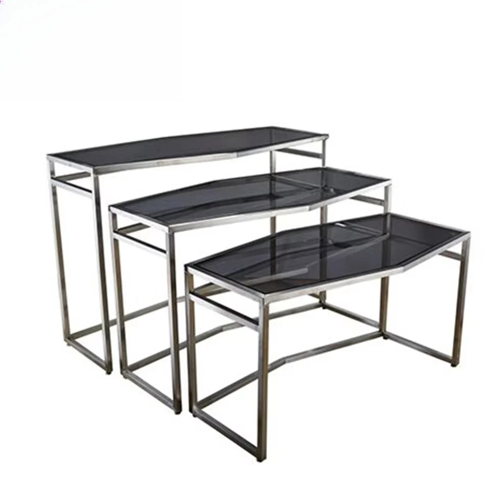 Restaurant Party Service Station Tempered Glass Stainless Steel Decorative Dessert Coffee Buffet Table