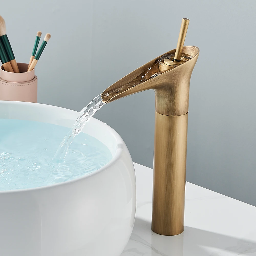 ORB Black Waterfall Bathroom Faucet Brass Basin Faucet Hot and Cold Faucet Single Handle Golden Vessel Sink Water Tap