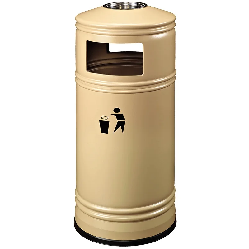 Outdoor Black Iron Metal Waste Container Public Round Open Top Dust Bin with Ashtray PP Plastic Rubbish Bin