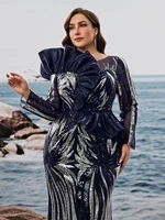 Plus Size Luxury Ruffled Sequins Evening Dresses Elegant Long Sleeve Mermaid Formal Wedding Party Cocktail Gowns 6