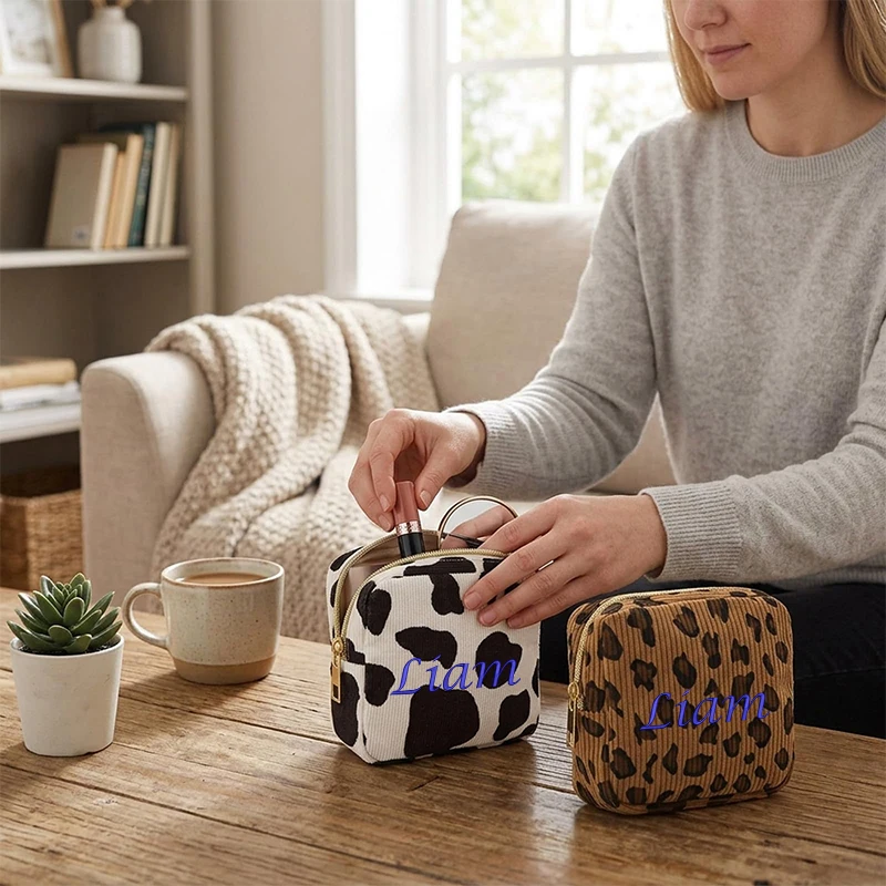 Customized name mini makeup bag rope patterned fabric bag with leopard print and cow print patterns soft and durable practical