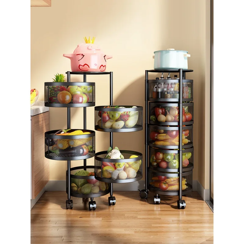 

Floor Mounted Multilayer Kitchen Storage Rack Rotating Basket Drawer Rolling Trolley Vegetable Fruit Rack Organizer