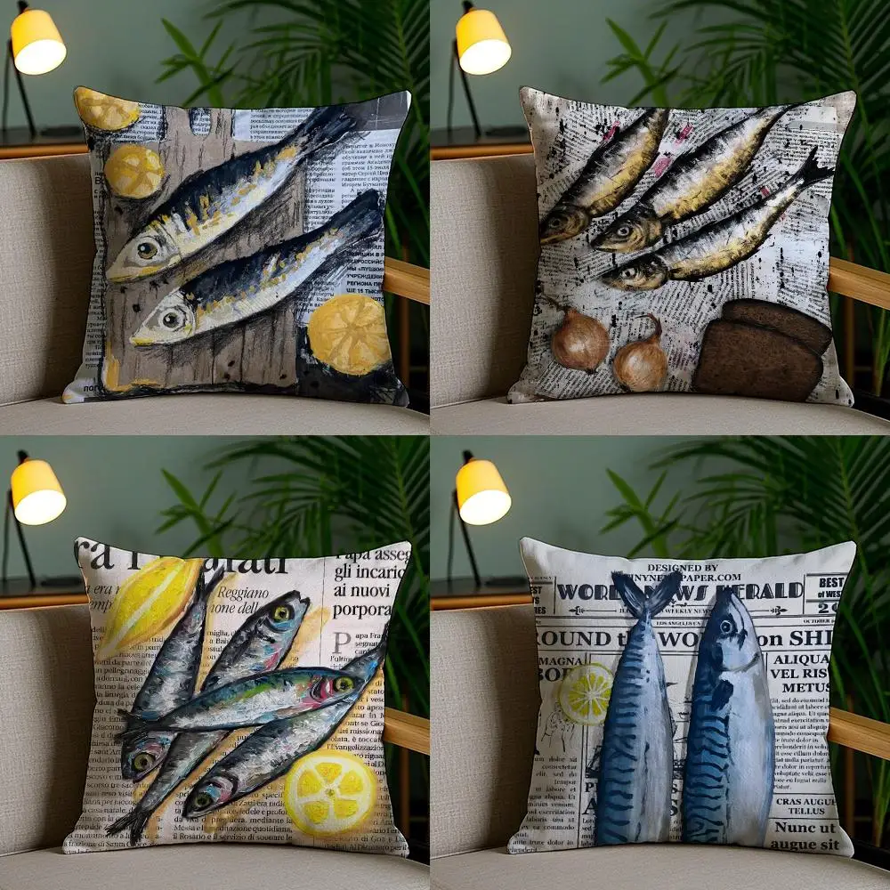 Colorful Sardine Lobster Cushion Cover Plush Fabric Soft Double-Sided Printed Sofa Living Room Home Decor Throw Pillow Cover