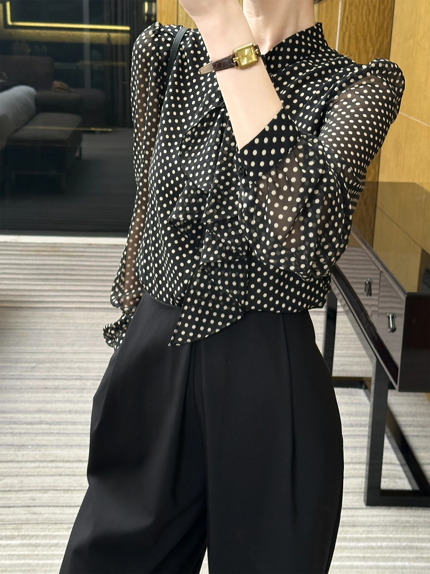 

You See Early Spring Polka Dot Sa irt Women's Commute Sle Loose Fit Long Sve round Ne Easy to Deform Resistant
