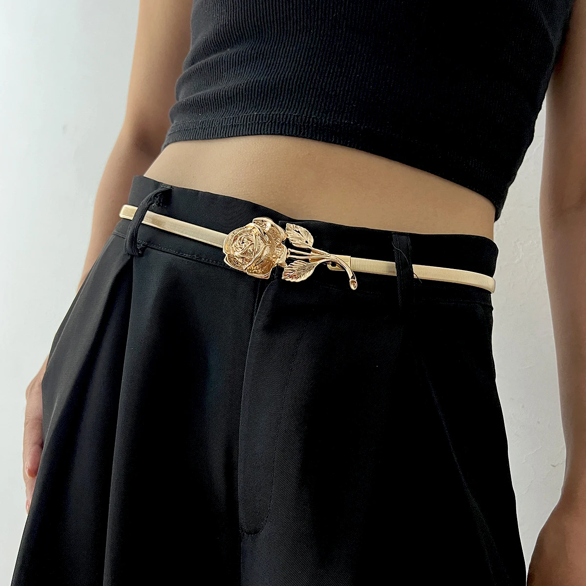 

Fashion Elastic Gold Chain Belt Female Waist Flower Silver Metal Punk Belts For Women High Quality Stretch Thin Waistband