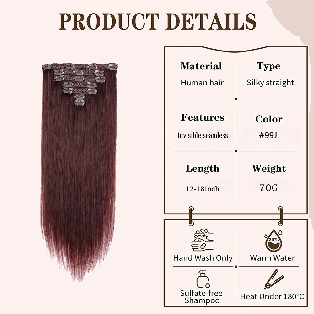 Wine Red Clip in Hair Extensions 100% Real Human Hair Burgundy Natural Hair Extension Remy Hair Soft No Tangling Hair Extensions