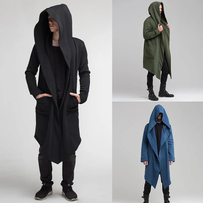 Punk Men Long Cardigan Sweatshirt Hooded European Windbreaker Autumn And Winter Cape Long Hooded Jacket Jackets Male Trench Coat