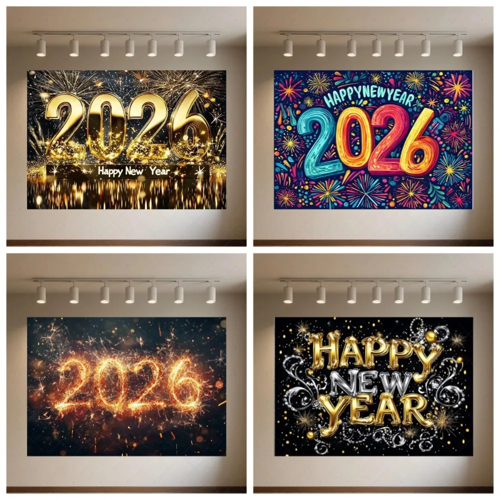

2026 Happy New Year Theme Party Decoration Firework Shiny New Year Background Prop Golden Balloon Photography Backdrop Supplies