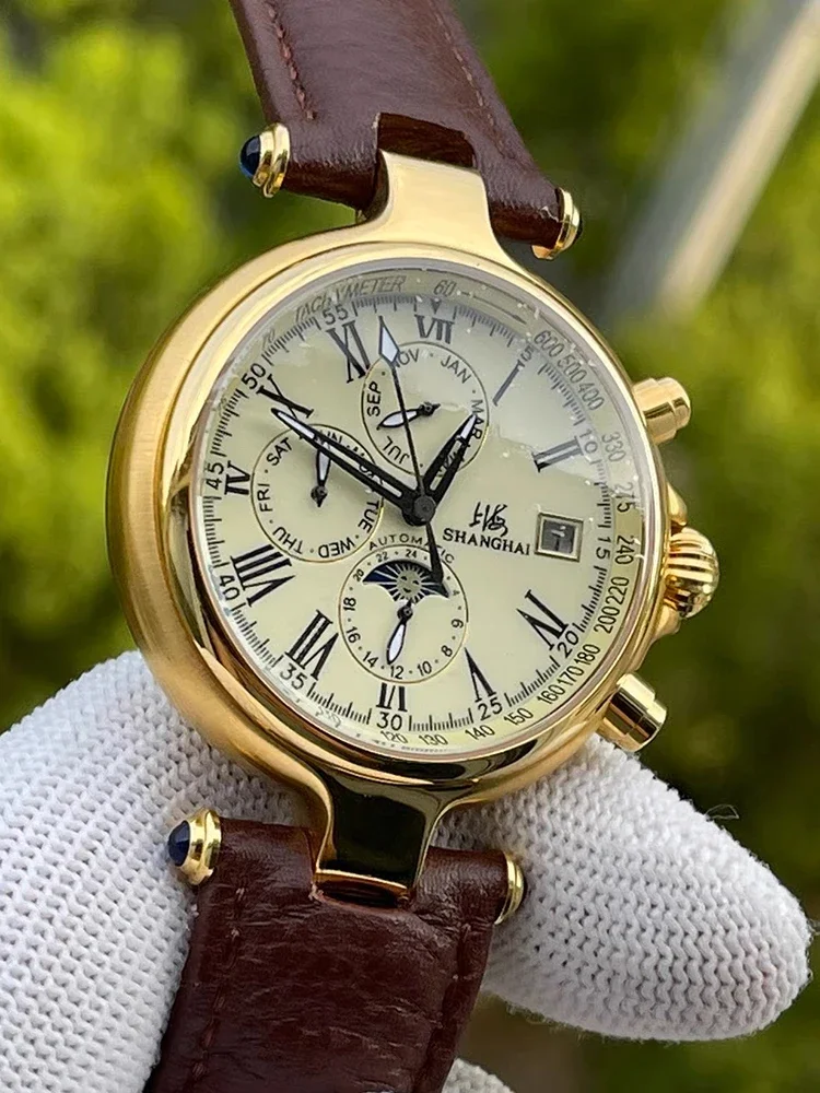 Vintage Shanghai Watch Men Luxury Automatic Watches Retro Mechanical Wristwatches Top Brand Moon Phase Clocks Antique of China