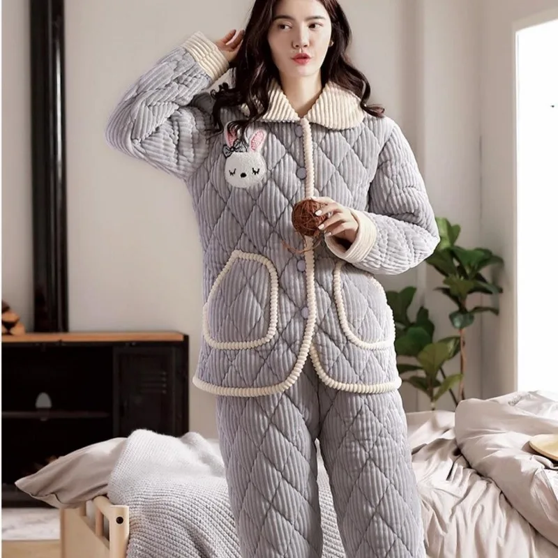 

2023 new Women's Pajamas Autumn Winter Three Layers Plush Thick Loungewear Cotton Sleepwear Flannel Coral Velvet Homewear Set