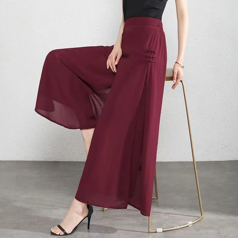 

Women Elegant Wide Leg Split Pants Women High Waisted Chiffon Trousers Casual Loose Streetwear Straight Dance wear Black White