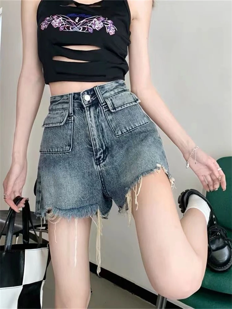 

Women's High Waisted A-line Raw Edge Denim Shorts Street Young Girl High Waisted Sexy Hot Pants Casual Female Mini Trousers