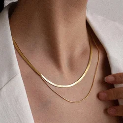 Set Double Layered Necklace 1/3mm Snake Chain Round Flat Chains 316L Stainless Steel Jewelry Lady Accessories Herringbone Choker