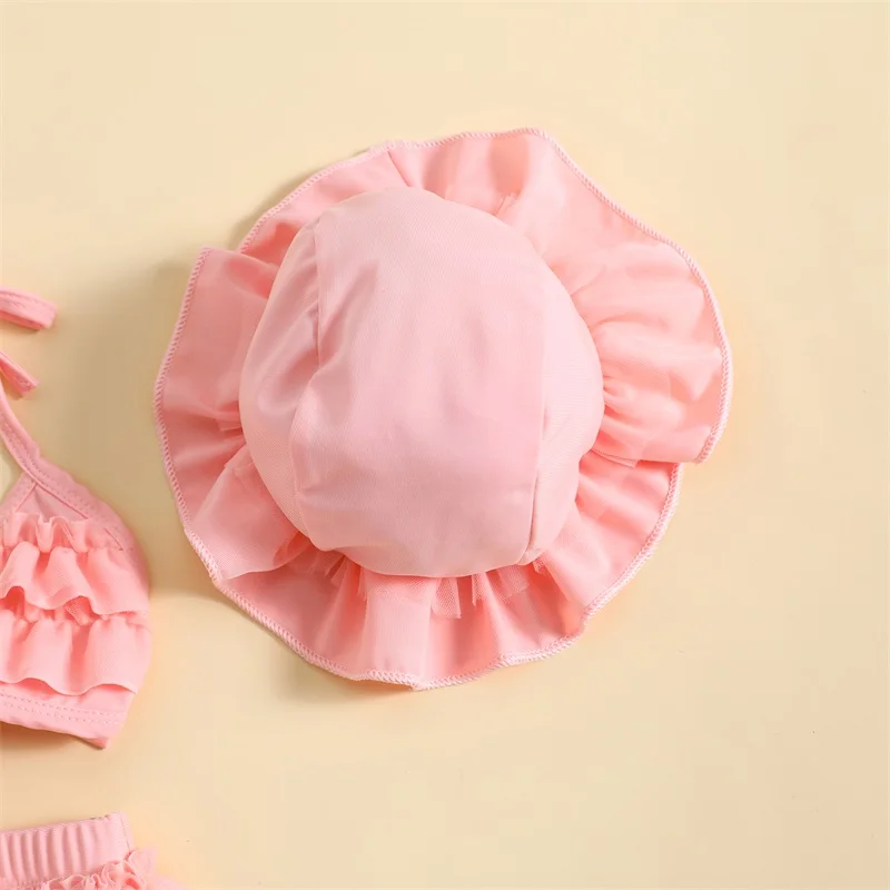 Tregren 0-24M Infant Baby Girls 3pcs Bikinis Set with Swim Caps Ruffle Bandage Bow Swimsuit Summer Swimwear Beach Bathing Suit