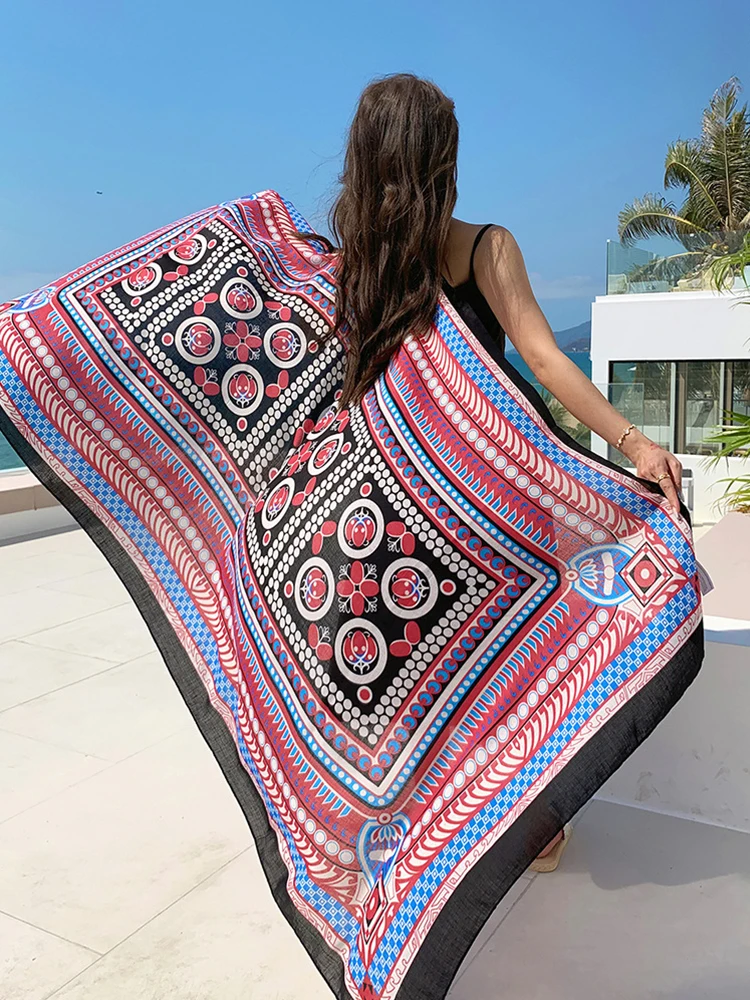 New Women Hijab Cotton Linen Bikini Cover Up Silk Scarf Vintage Print Female Bandana Scarve Sarong Beach Holiday Long Wrap Shawl