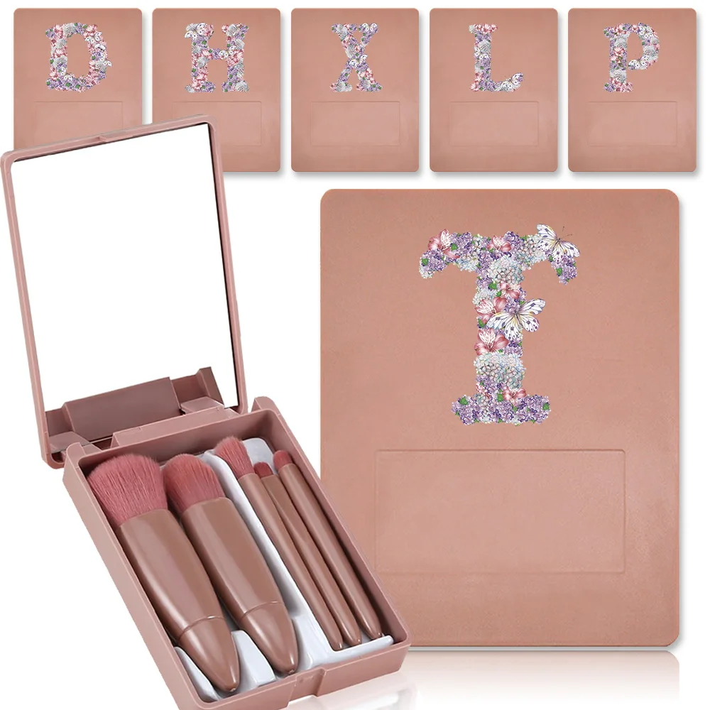 5 Pcs Women Cosmetic Brush Kit With Clear Mirror Holder Case Waterproof Beauty Makeup Brushes Set Rose Flower Letter Pattern