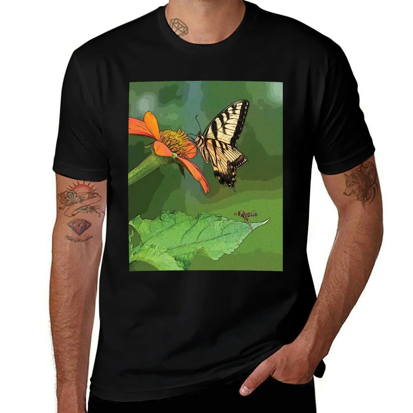 Tiger swallowtail butterfly on Mexican sunflower - T-Shirt Daily Work Short Sleeve Top T-Shirt