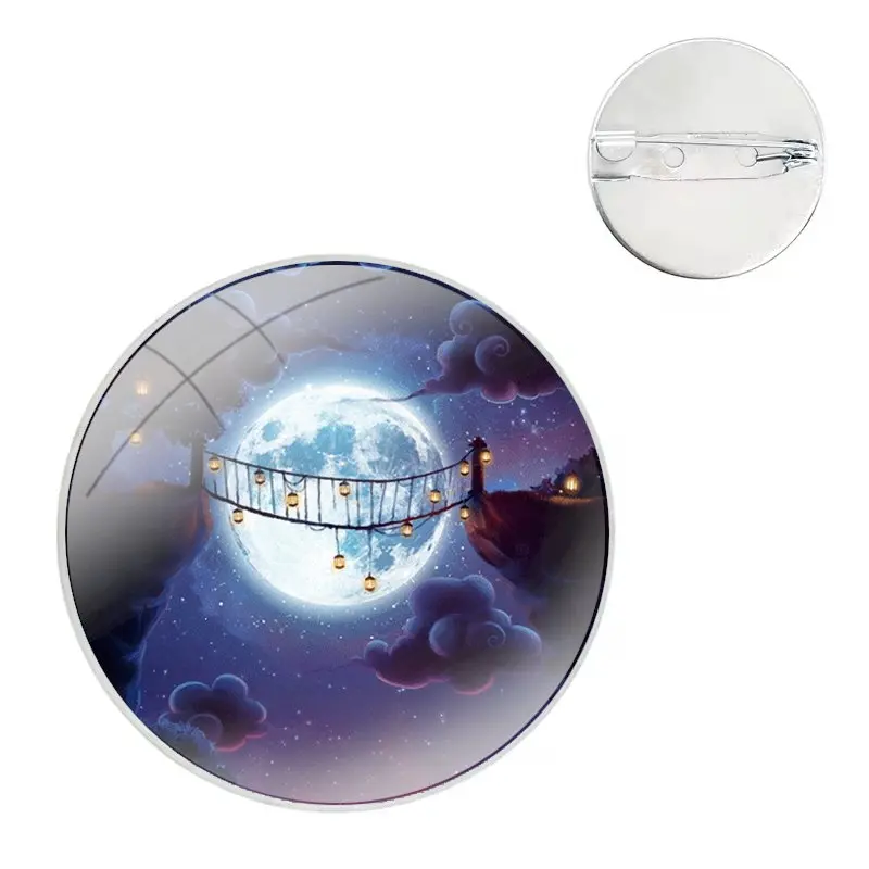 Glass Dome Brooches Shirt Lapel Bag Cute Badge Pins For Clothes Hat Accessories Glowing moon and sun tech