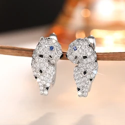 Huitan Personality Leopard Hoop Earrings with Blue Eye Black Point Hip Hop Rock Animal Earrings for Women Cocktail Party Jewelry