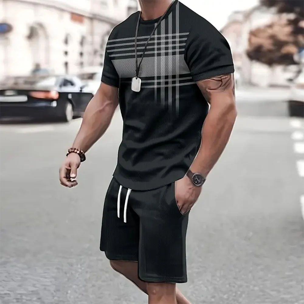 Men\'s 2Pcs Outfits Fashion Casual Crew Neck Short Sleeve T-shirt And Drawstring Shorts Set Summer Sportwear Sets Men\'s Clothing