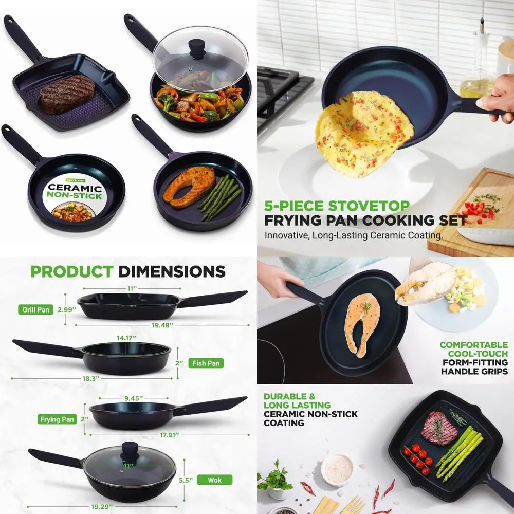 

5-Piece Ceramic Non-Stick Cookware Set: Skillet, Wok, Grill, Fry & Fish Pans for All Cooktops with Cool-Touch Handles