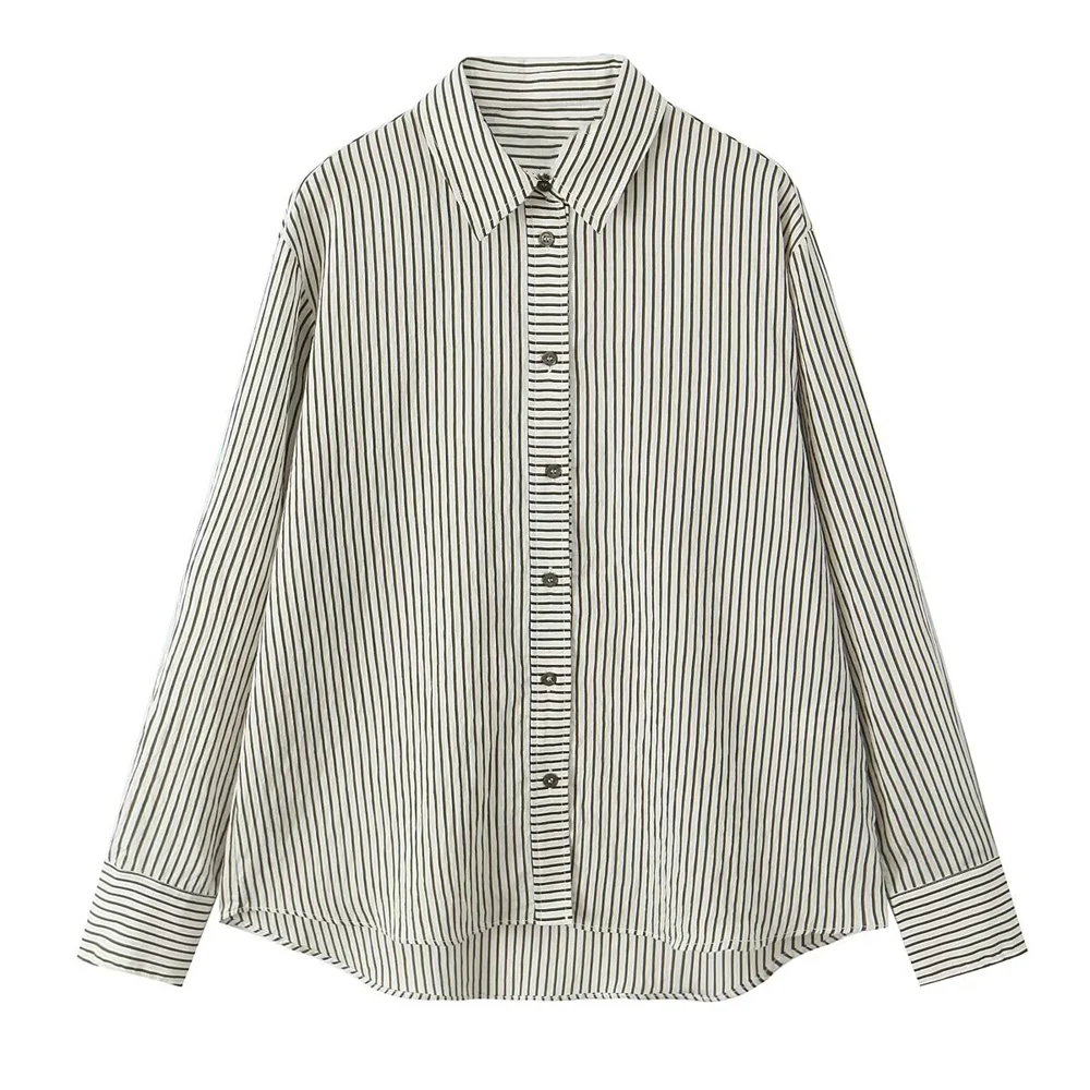 

PB&ZA autumn 2024 new women's clothing lapel striped single breasted long sleeved loose slimming shirt