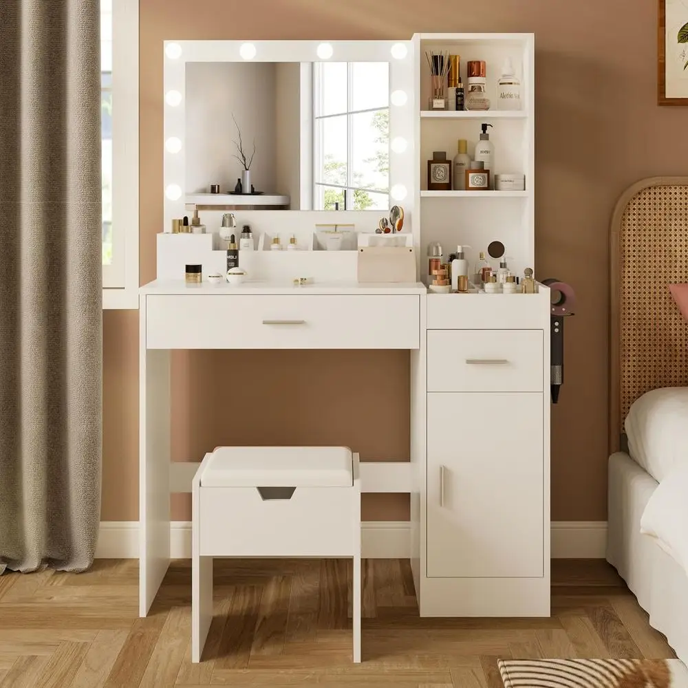 Weißer 39,2-W-Schminktisch mit Spiegel, Beleuchtung und Ladestation, 3 Beleuchtungsmodi, Aufbewahrungsstuhl-Set für Schlafzimmer