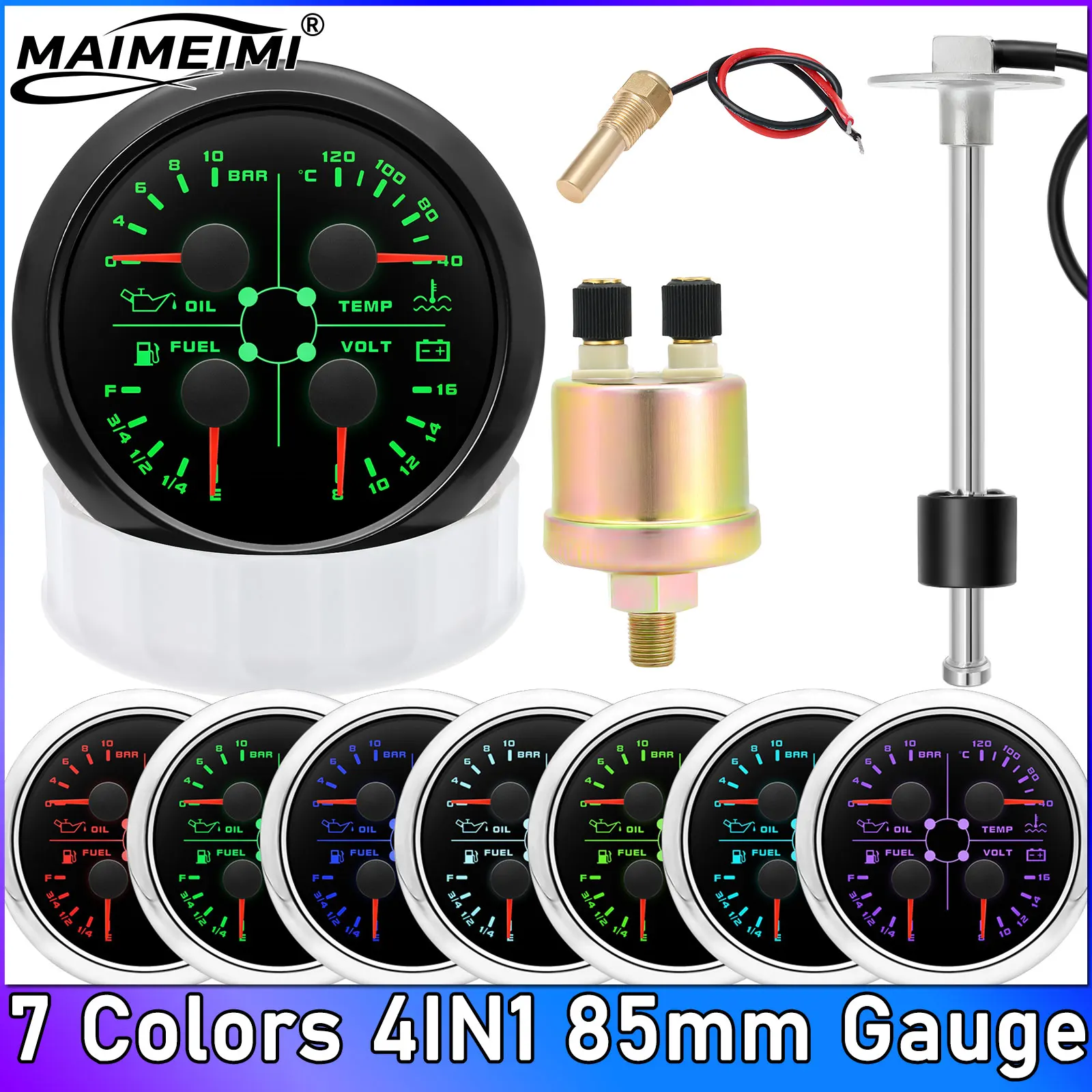 7 Colors 85MM Gauge 4IN1 Oil Pressure Gauge Fuel Level Water Temperature Meter Car Temp Sensor 10MM 1/8 NPT Fuel Levl Sensor