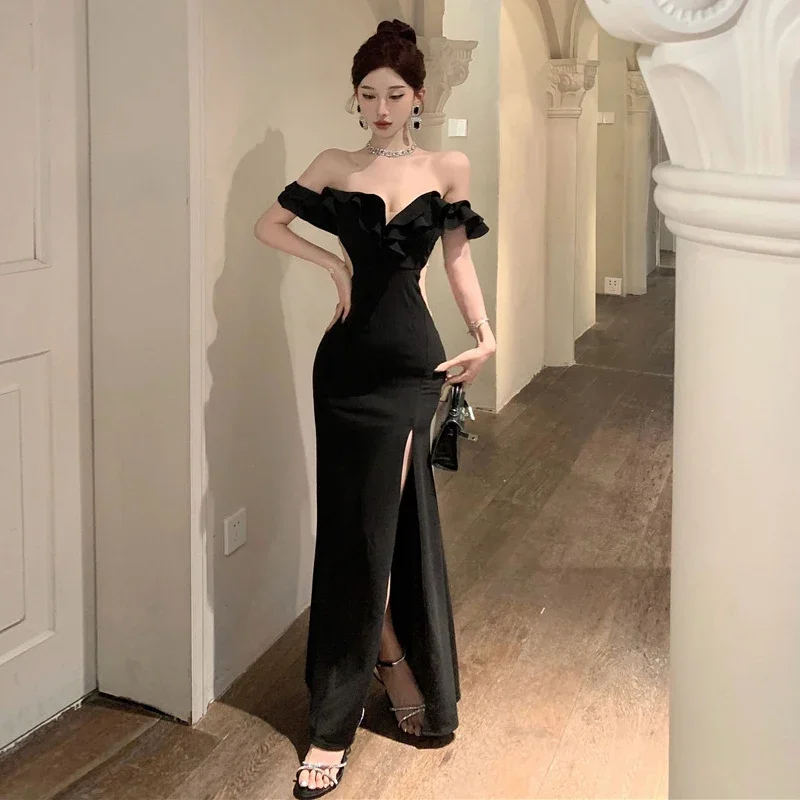 Kimotimo Ruffled One Shoulder Strapless Evening Dress Women Spring Summer Elegant High Waist Slim Wrapped Slit Long Dresses