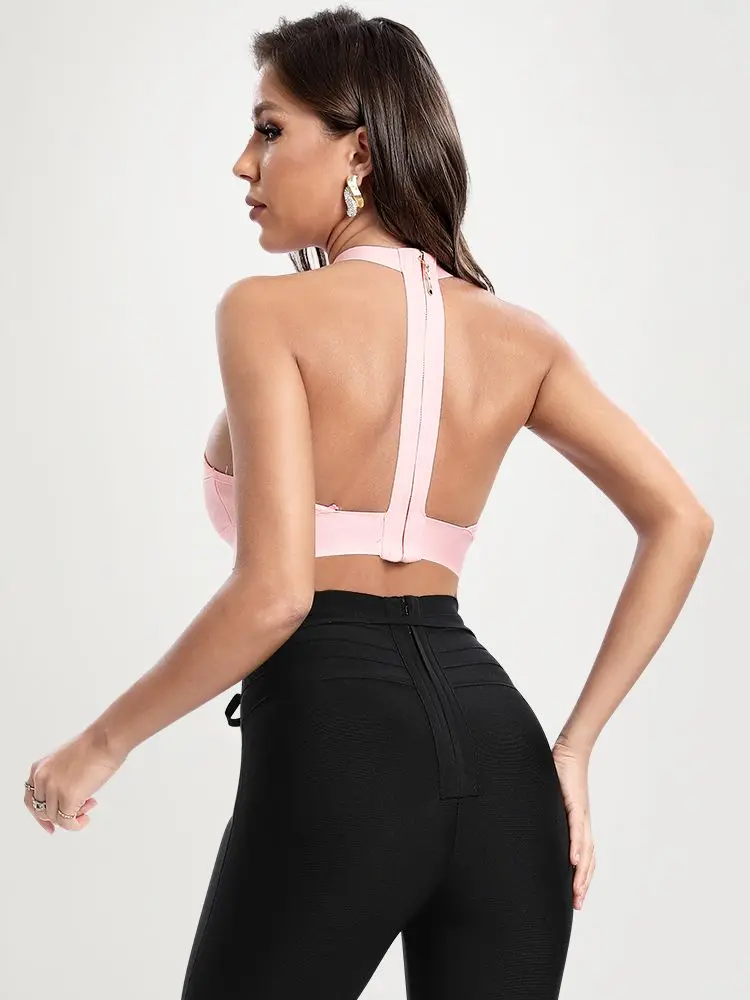 BEAUKEY Sexy High Street Girl Bandage Pink Crop Tops Autumn 2023 Zipper White Halter Sexy Hollow Camis Sleeveless Maxi Vests
