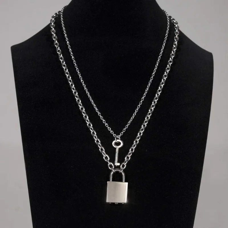 Stainless Steel Lock Key Pendant Long Chain Punk Multilayer Statement Choker Necklaces for Women Men Boy Girls 50/60/70cm