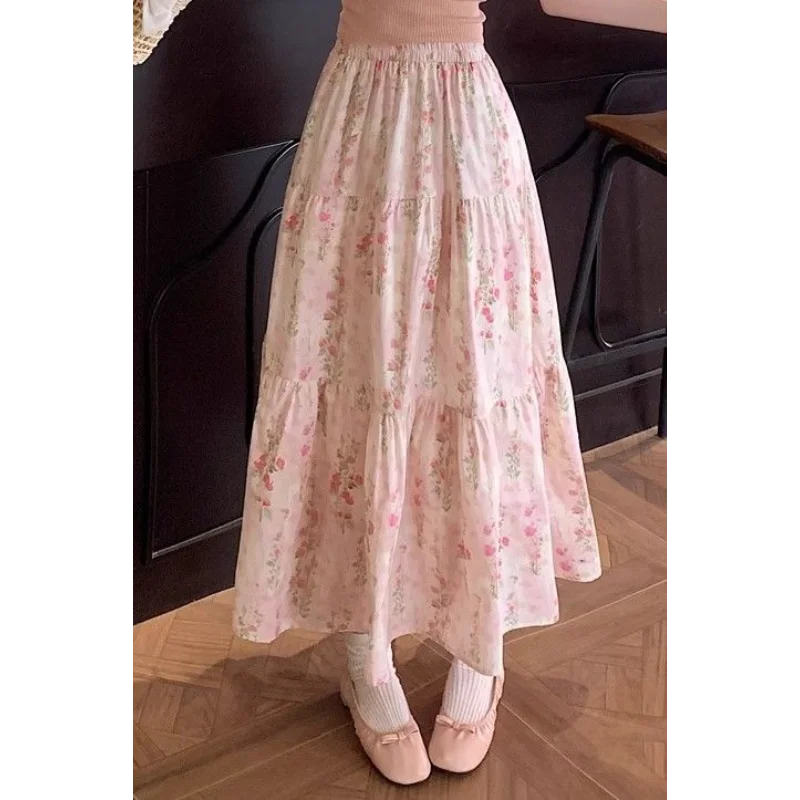 레트로 플로럴 플리츠 스커트 여성용 신상품 신축성 있는 허리 슬림 A라인 미디길이 큰 스윙 우산 스커트