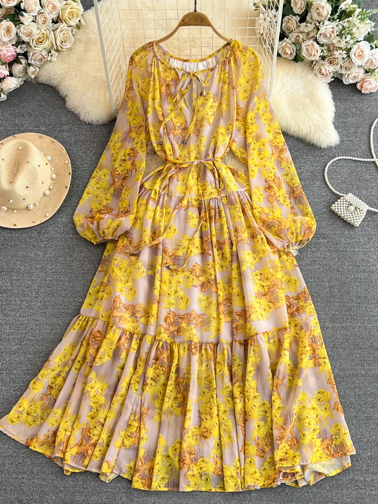 Imagem -03 - Elegante Vestido Longo Estampado Floral Feminino Gola Redonda Manga Folhada Bainha Plissada Linha a Maxi Amarelo Roxo Rosa Outono Novo