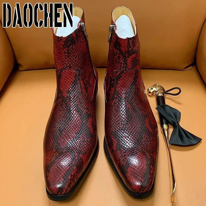 Luxury Brand Men\'s Boots High Zipper Mid-Calf Boots Slip On Python Casual Shoes Red White Basic Boots Leather Shoes Men