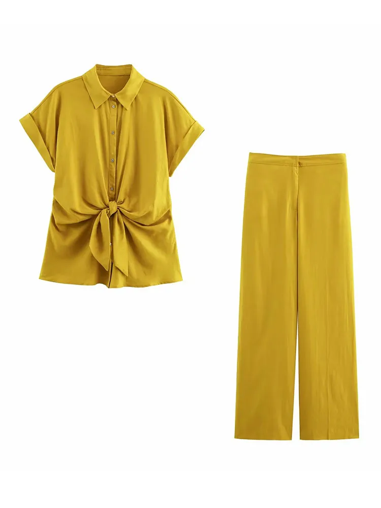 

Женский осенний костюм, рубашка с короткими рукавами, топ с высокой талией, широкие брюки, 2025 г., модная повседневная рубашка, брюки, комплект из 2 предметов