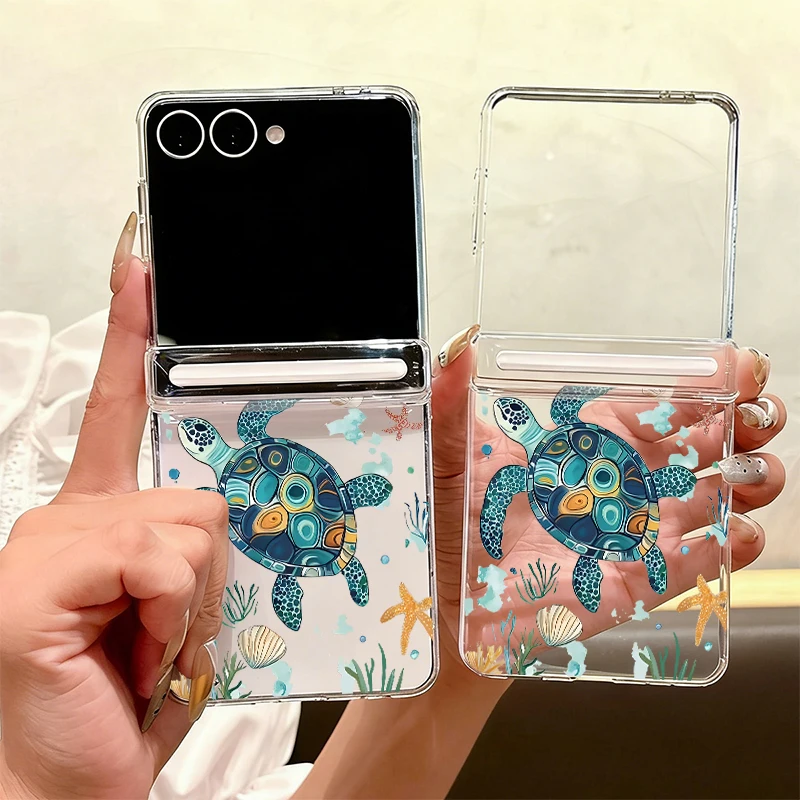 Sea Turtle Print Magnetic Hinge Protector Case For Samsung Galaxy Z Flip 7 FE 6 5 Flip6 Flip7 5G Transparent Folding Phone Cover