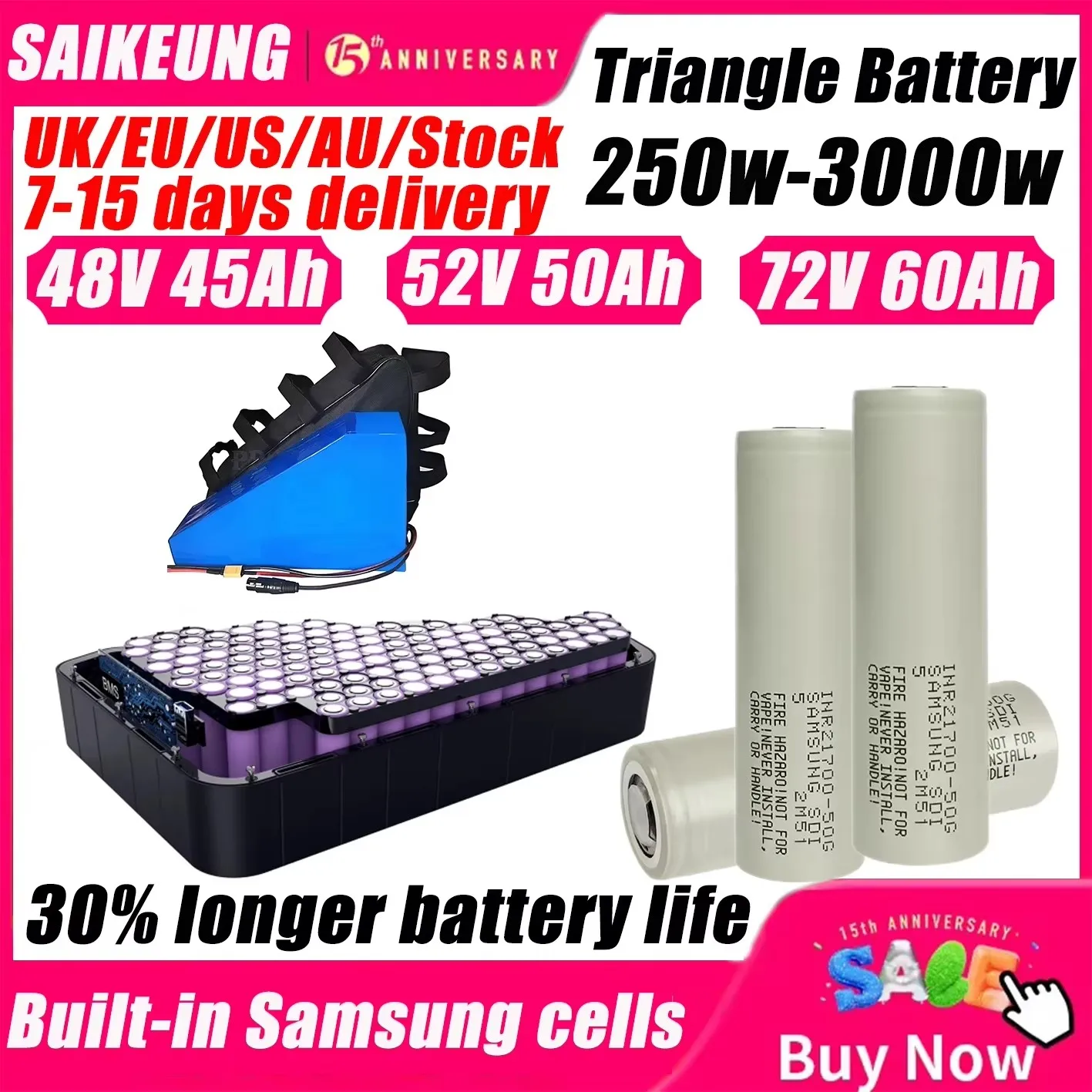

Electric Bike Triangle battery 48v 45ah Cham-Ride 52V 21700 Cell 72V 60V 30AH 35ah 40ah 50ah 60ah 100A BMS Huge Capacity 3000W