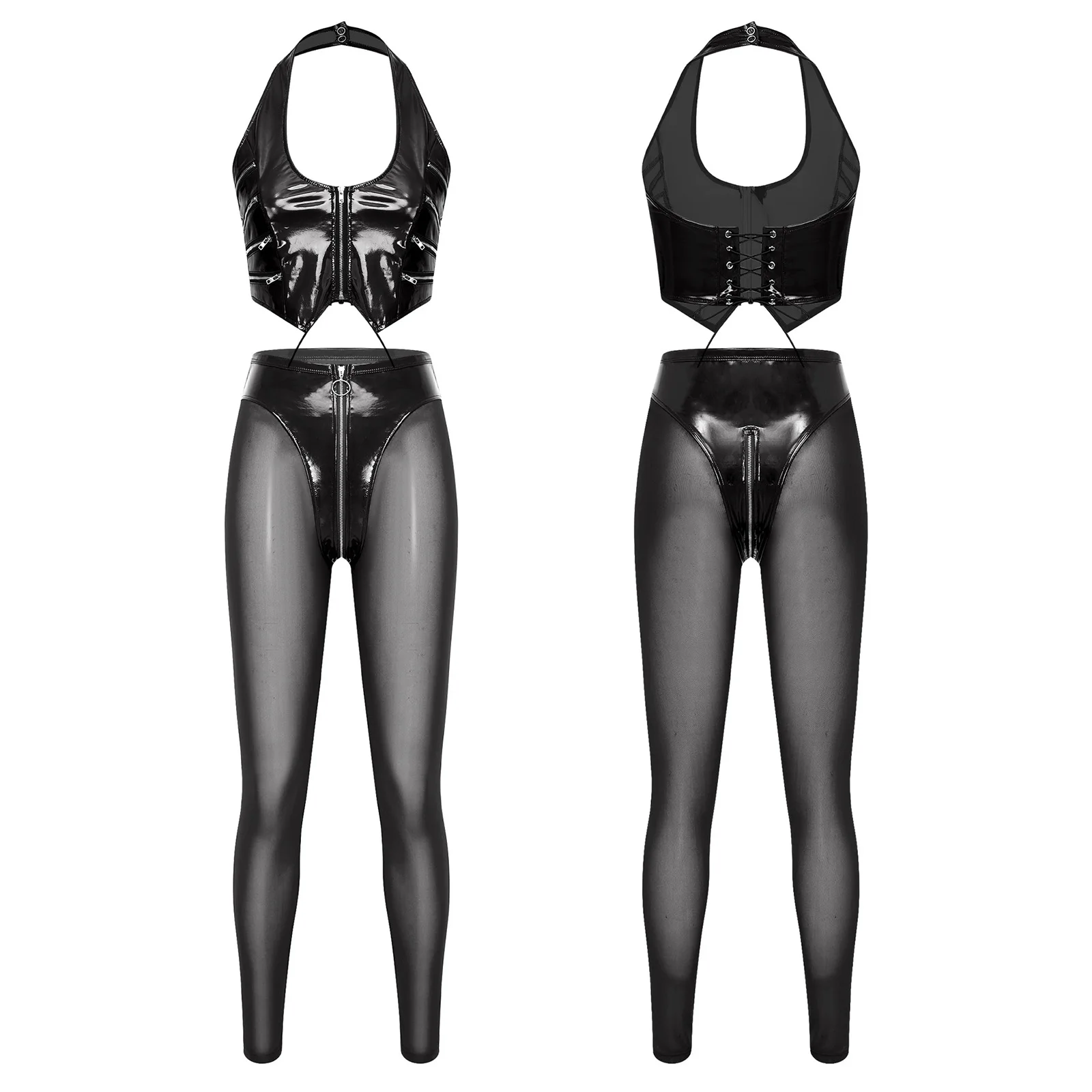 

Women Wet Look PU Leather Outfit Clubwear Crop Tank Top with Sheer Mesh High Waist Leggings for Rave Party Nightclub Pole Dance