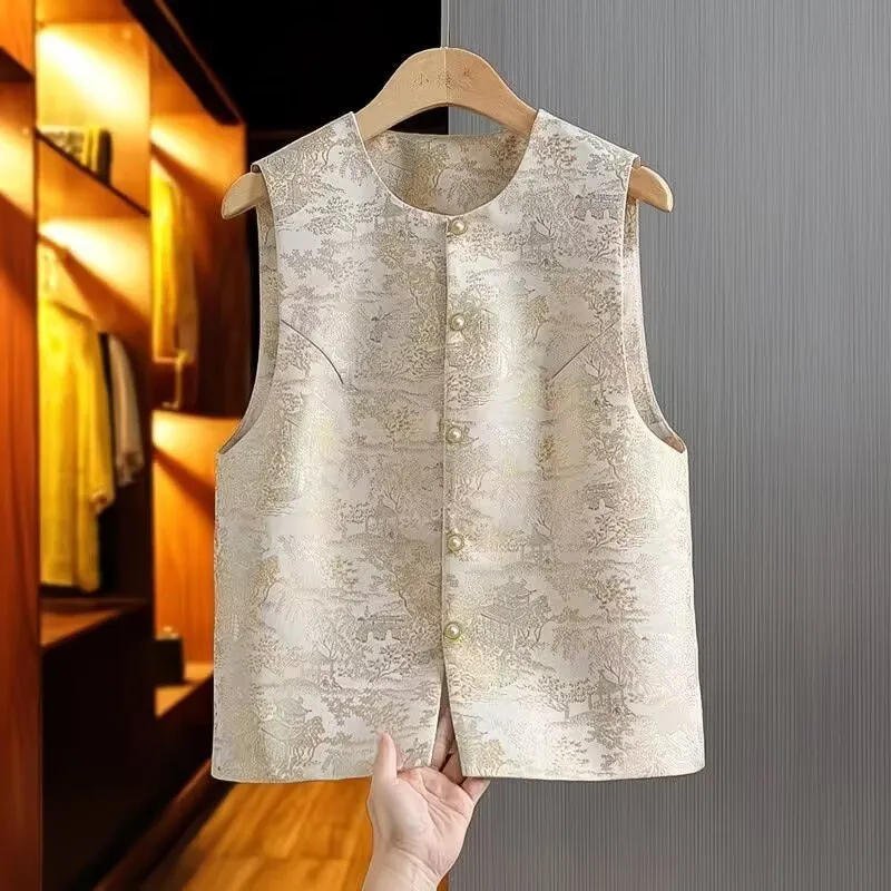 New Fashion Spring and Summer High Sense Simple Chinese Vest Coat Round Neck Joker Loose Temperament Cardigan Vest Coat Female