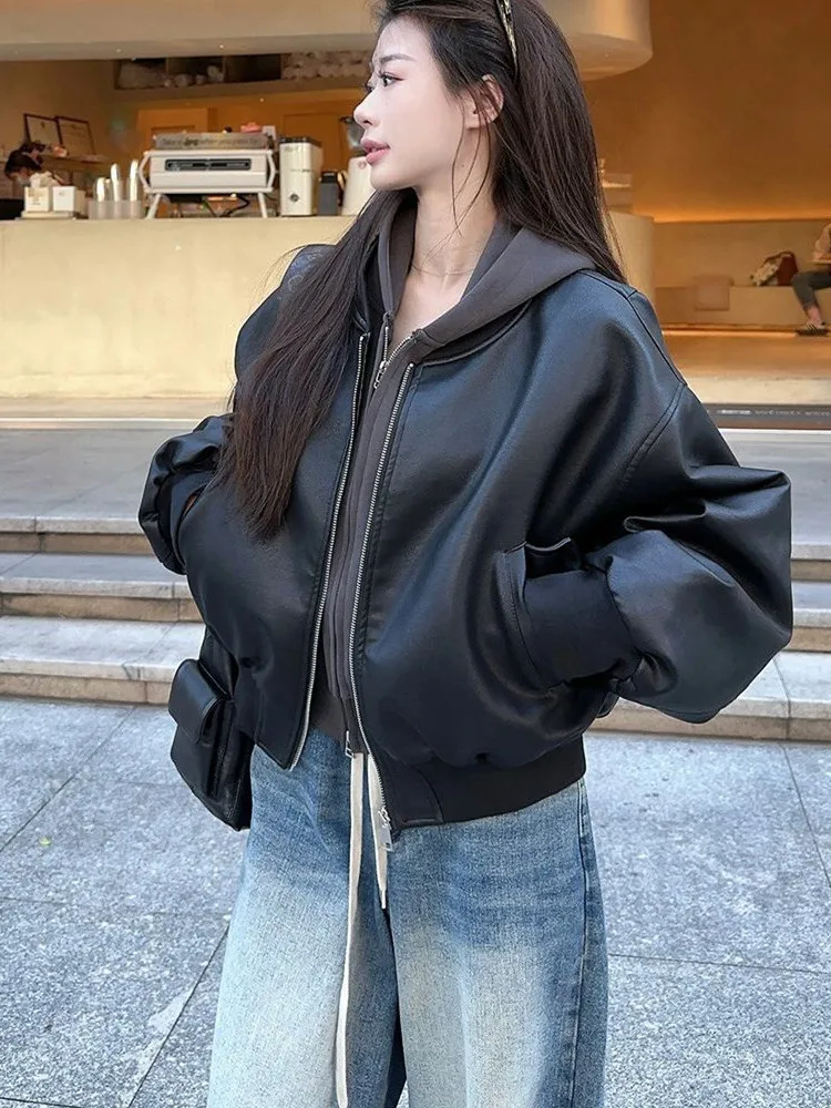 American Sle Retro Bla Jaet Women's Spring Autumn New Hong Kong Sle Small Size oulder Drop Model PU Leather Coat