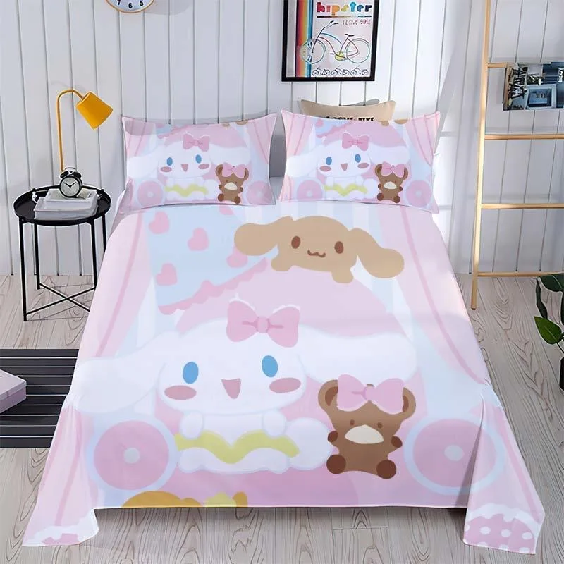 Sanrio Cinnamoroll Bed Sheet Kawaii Cartoon Anime Cinnamoroll Printed Bed Linen For Kids Girls Single Queen Size (No Pillowcase)