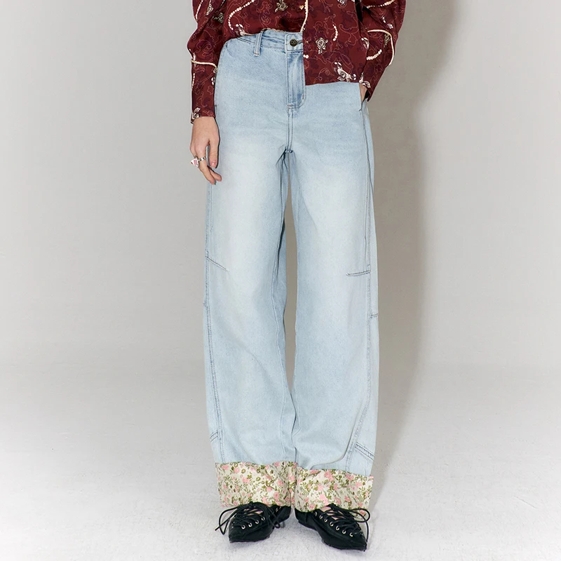 ELFSACK Women Straight Leg Jeans 2026 Cotton Wide Leg Floral Hem Patch New Oriental Style Sweet Casual Pants