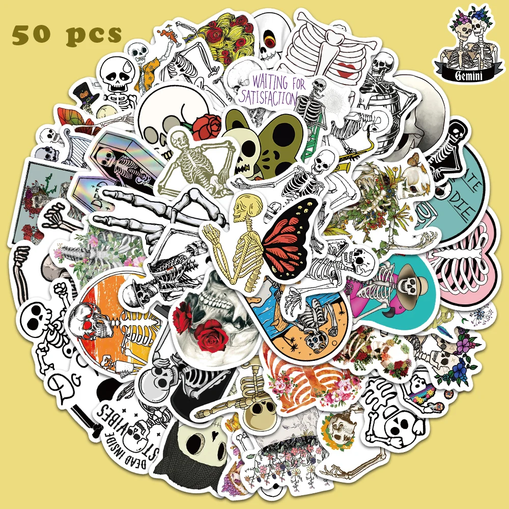 

50pcs Cartoon Skeleton Sticker Funny Cool Decal For Diary Fridge Closet Wallet Backpack Decal Sticker Halloween Party Gift