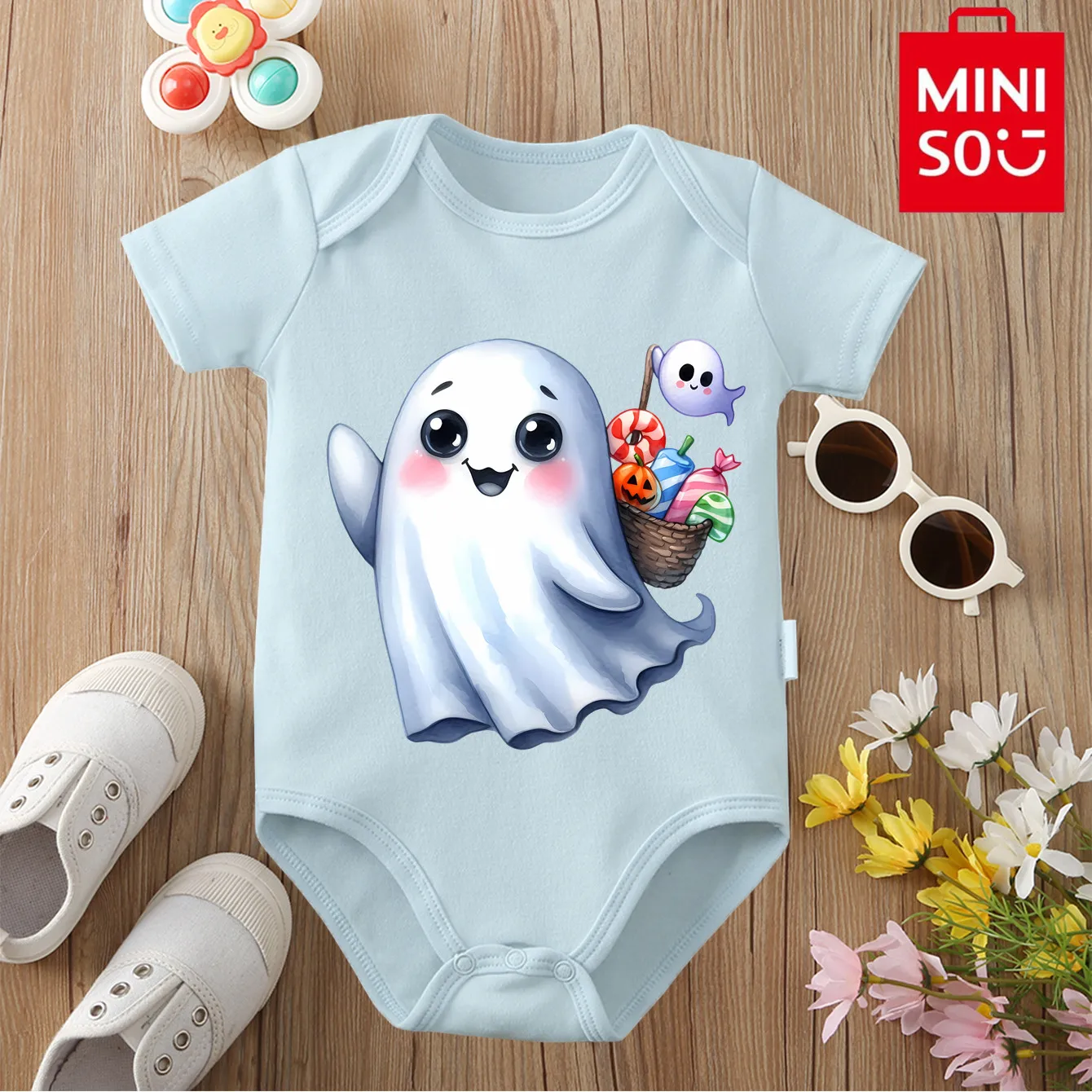 MINISO 100% ملابس قطنية بلدي أول هالوين شبح الخفافيش كاندي طباعة ارتداءها للطفل نيسيي بذلة لحديثي الولادة 0 إلى 12 شهرا