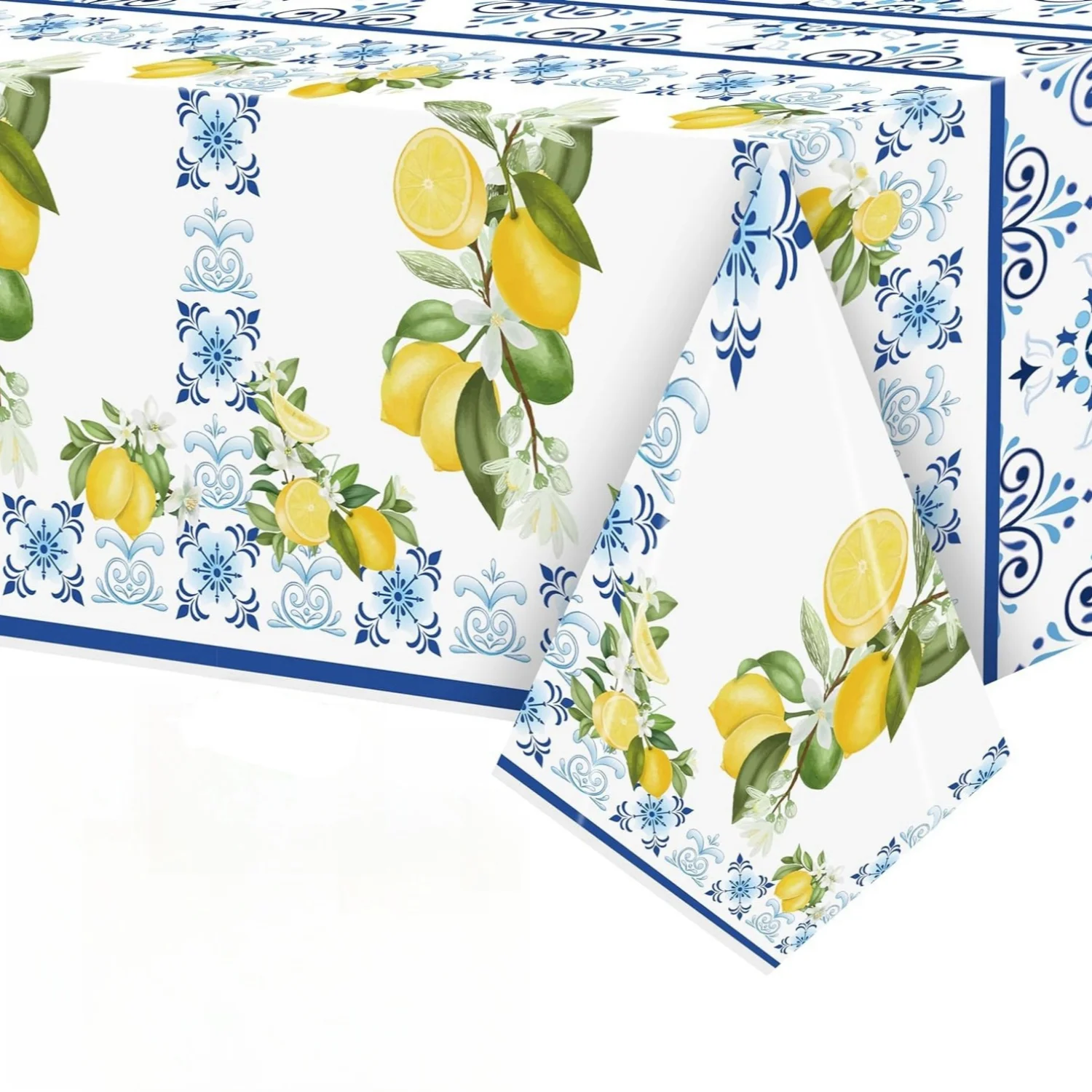 3pcs Blue Print Lemon Theme Tablecloth Party Decor Set Mediterranean Lemon Pattern Disposable Plastic Table Cover Cute Lemon Waterproof Tablecloth