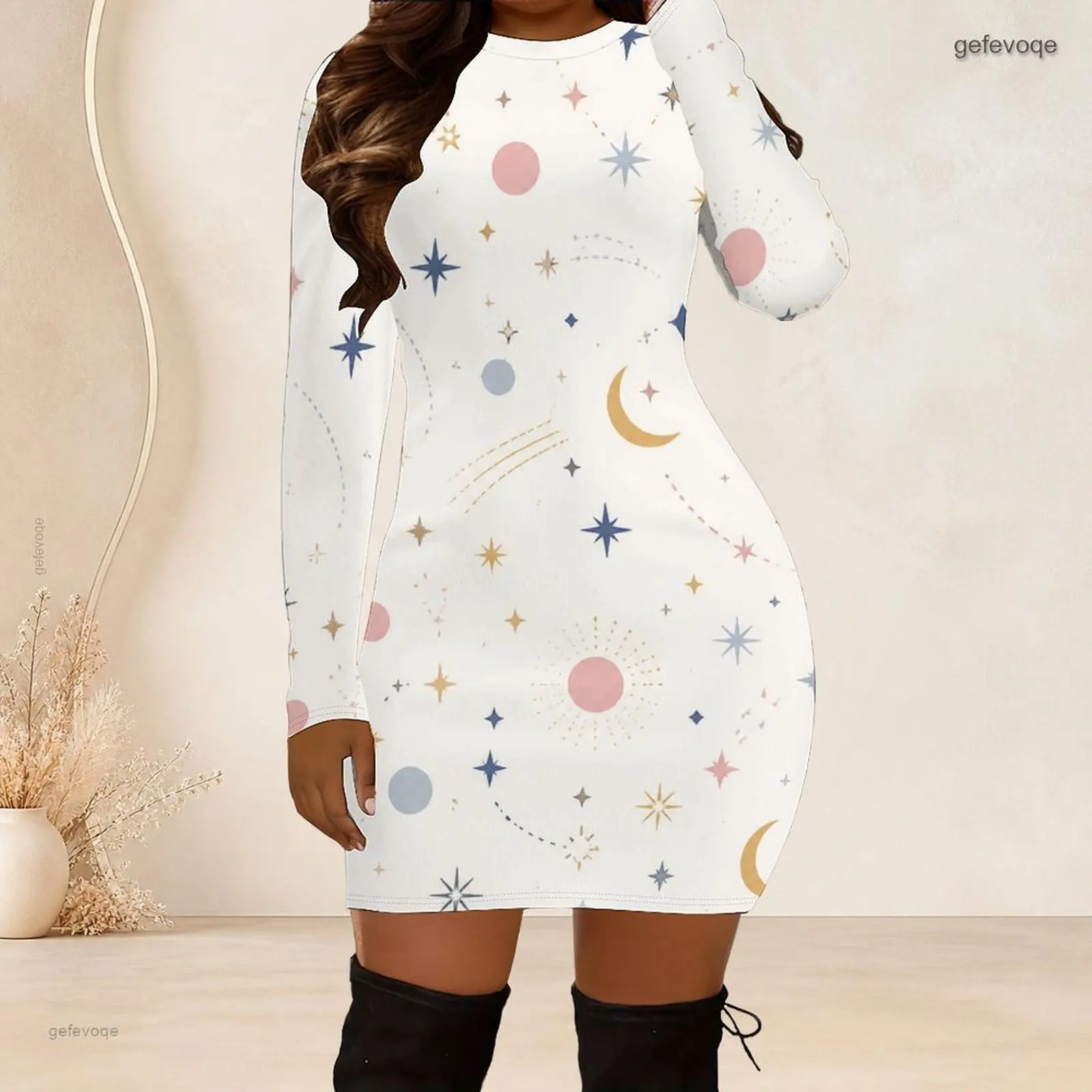 Women Crew Neck Long Sleeve Bodycon Mini Dress Slim Fitted Pencil Short Dress Custom Print Ladies Club Party Dresses