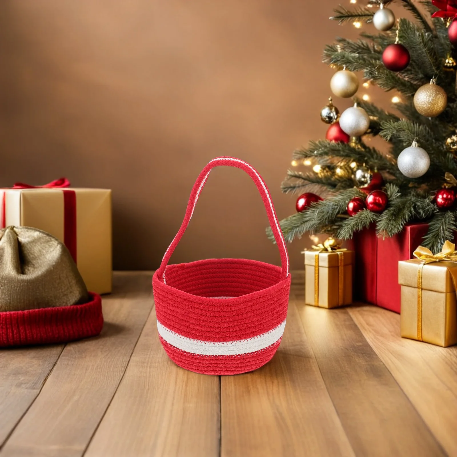 

Christmas Red Cotton Rope Basket Foldable Oval Snack Holder Desktop Organizer Handles Small Storage Basket 7.8x5.3