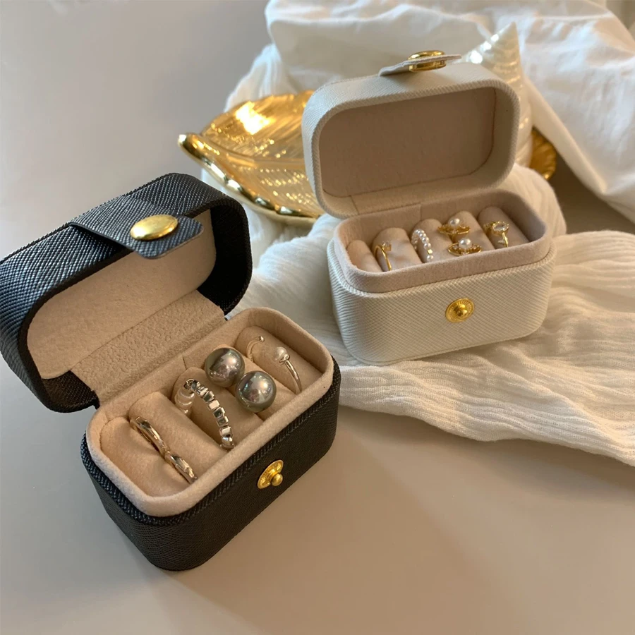 Portable Mini Travel Jewelry Box Leather Snapbutton Ring Storage Case Women Rings Earrings Organizer Display Gift Box